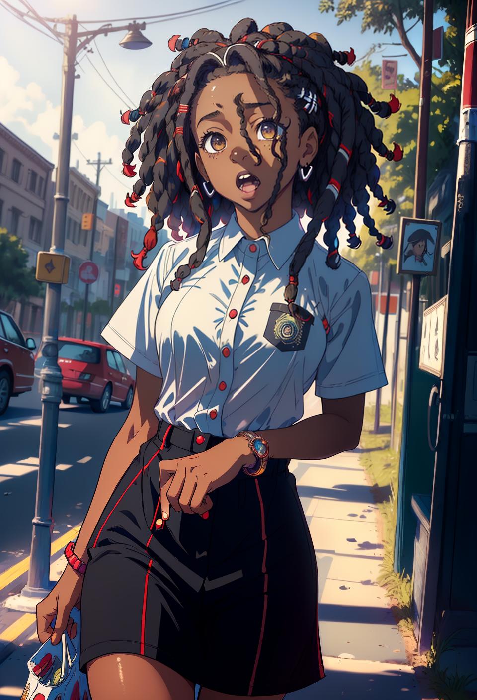  ((trending, highres, masterpiece, cinematic shot)), 1girl, young, female date attire, park scene, very short curly brown hair, dreadlocks,  amber eyes, psychopath, crazy personality, surprised expression, dark skin, epic, toned