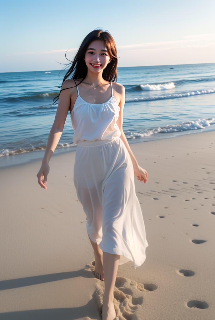  1girl smile , sea sand sunset, ADVERTISING PHOTO,high quality, good proportion, masterpiece , The image is captured with an 8k camera and edited using the latest digital tools to produce a flawless final result.