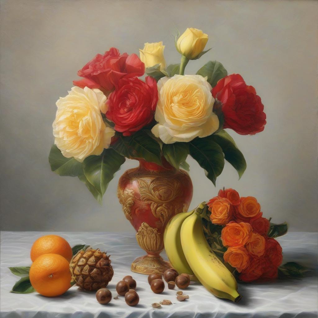  (Banana, orange, chocolate and pineapple next to a beautiful vase) are standing on an antique table, ((next to the table there is a vase with red roses)), interior painting, 17th century Dutch baroque, high detail of the brush stroke. hyperrealistic, full body, detailed clothing, highly detailed, cinematic lighting, stunningly beautiful, intricate, sharp focus, f/1. 8, 85mm, (centered image composition), (professionally color graded), ((bright soft diffused light)), volumetric fog, trending on instagram, trending on tumblr, HDR 4K, 8K