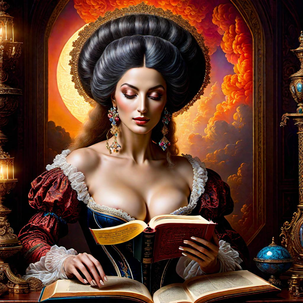  surrealism, (((psychedelic art))), magic book on the table, utopia, highly detailed, ornate, intricate, atmospheric, empire style, high quality, masterpiece, fantasy, glow, splash of color, colorful picture, rich color, complex background, soft haze. On the reading is a portrait of a beautiful lady in a 17th century wig and a wig. Art in the style of Josephine Wall, Fragonard and Antoine Watteau, Sabbas Apteros, Alfonso Mucha, Andrew Jones, Durer. High detail. Magic glow High contrast. High quality. HDR. hyperrealistic, full body, detailed clothing, highly detailed, cinematic lighting, stunningly beautiful, intricate, sharp focus, f/1. 8, 85mm, (centered image composition), (professionally color graded), ((bright soft diffused light)), volumetric fog, trending on instagram, trending on tumblr, HDR 4K, 8K