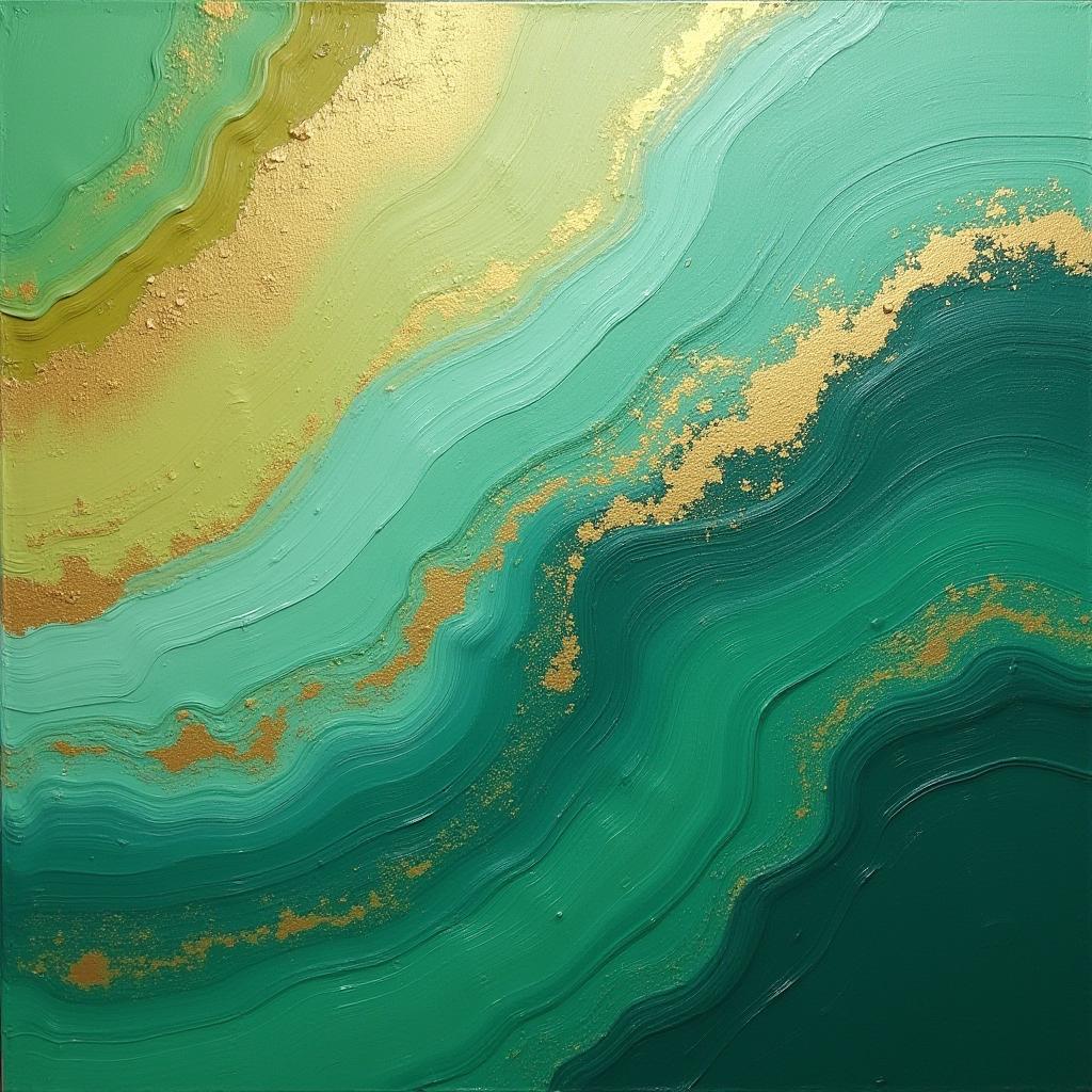  good quality, high quality, vibrant brushstrokes: abstract green and gold painting texture on canvas