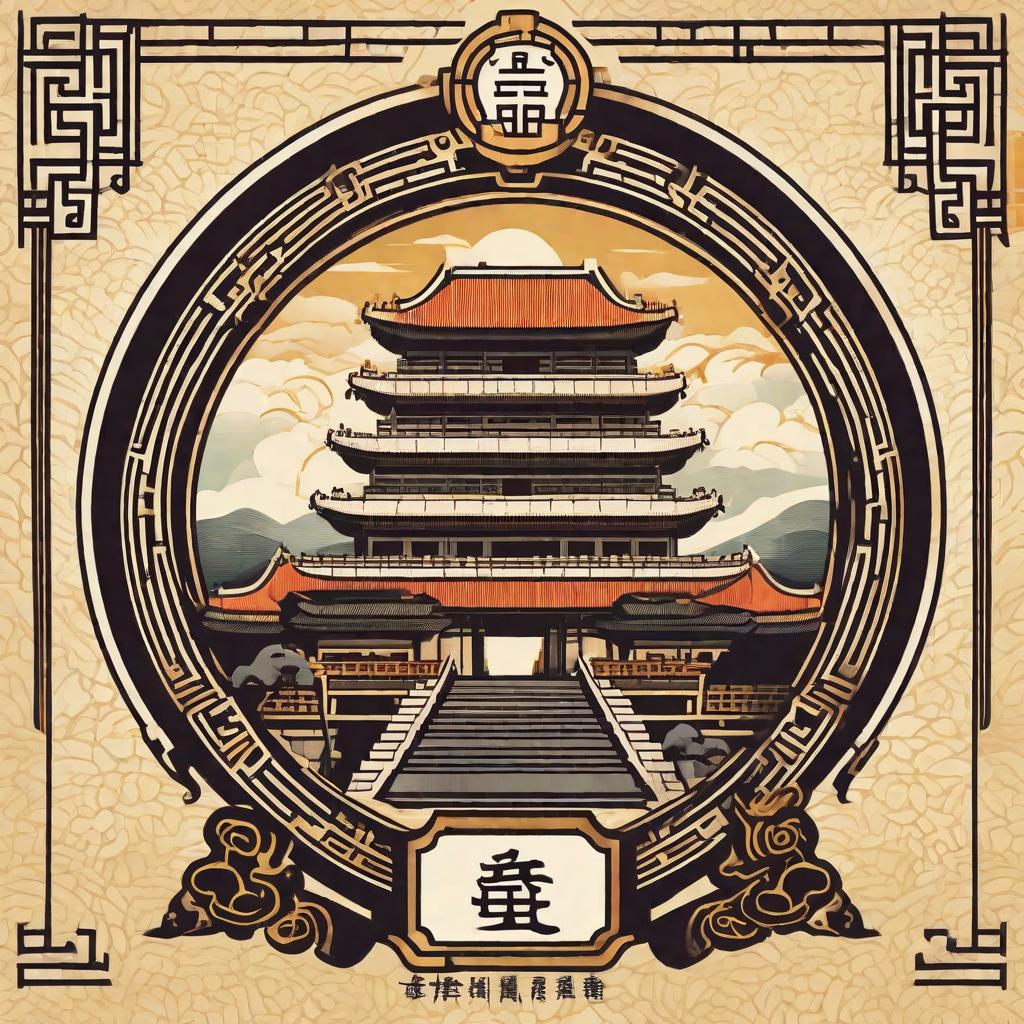  Logo, Qin Shi Huang, majestic palace, focused on the emperor's statue, digital camera, vintage style, high resolution.