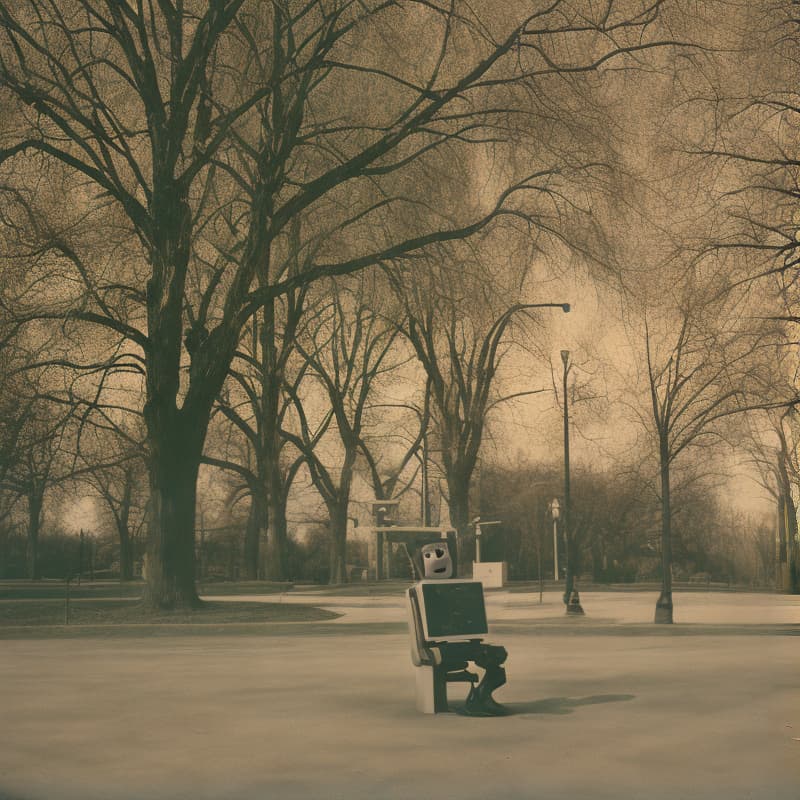 analog style a robot sitting in a park.