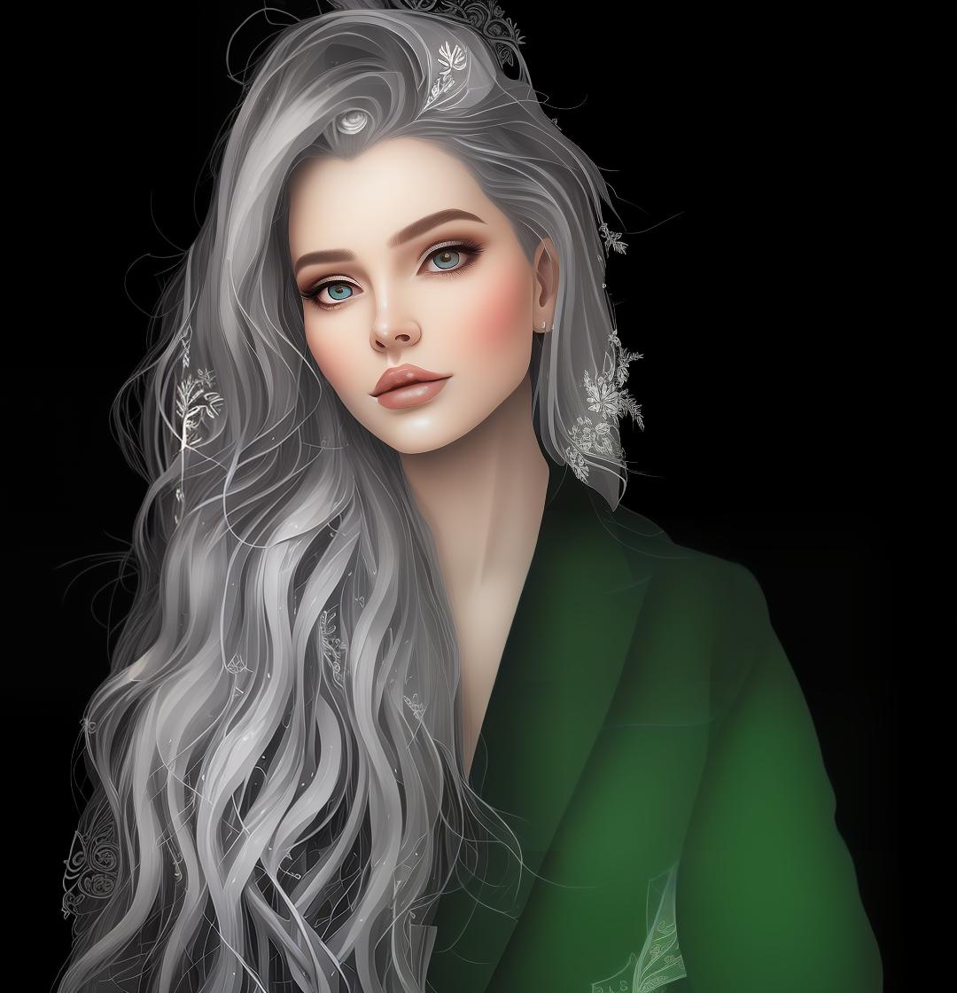 mdjrny-v4 style Create a Fantasy style avatar of a female Elf. Prominent Elf Ears, ears should be pointed, long, sharp, visible behind the hair. The character should have long, flowing silver hair, caught in a bun, adorned with delicate flowers. Her eyes should be almond shaped and bright green. She should wear an elegant, fitted tunic with intricate leaf patterns and embroidery. Her ears should be pointed and prominent, a defining feature of Elves. She should have a graceful and slender build, with pale, smooth skin.