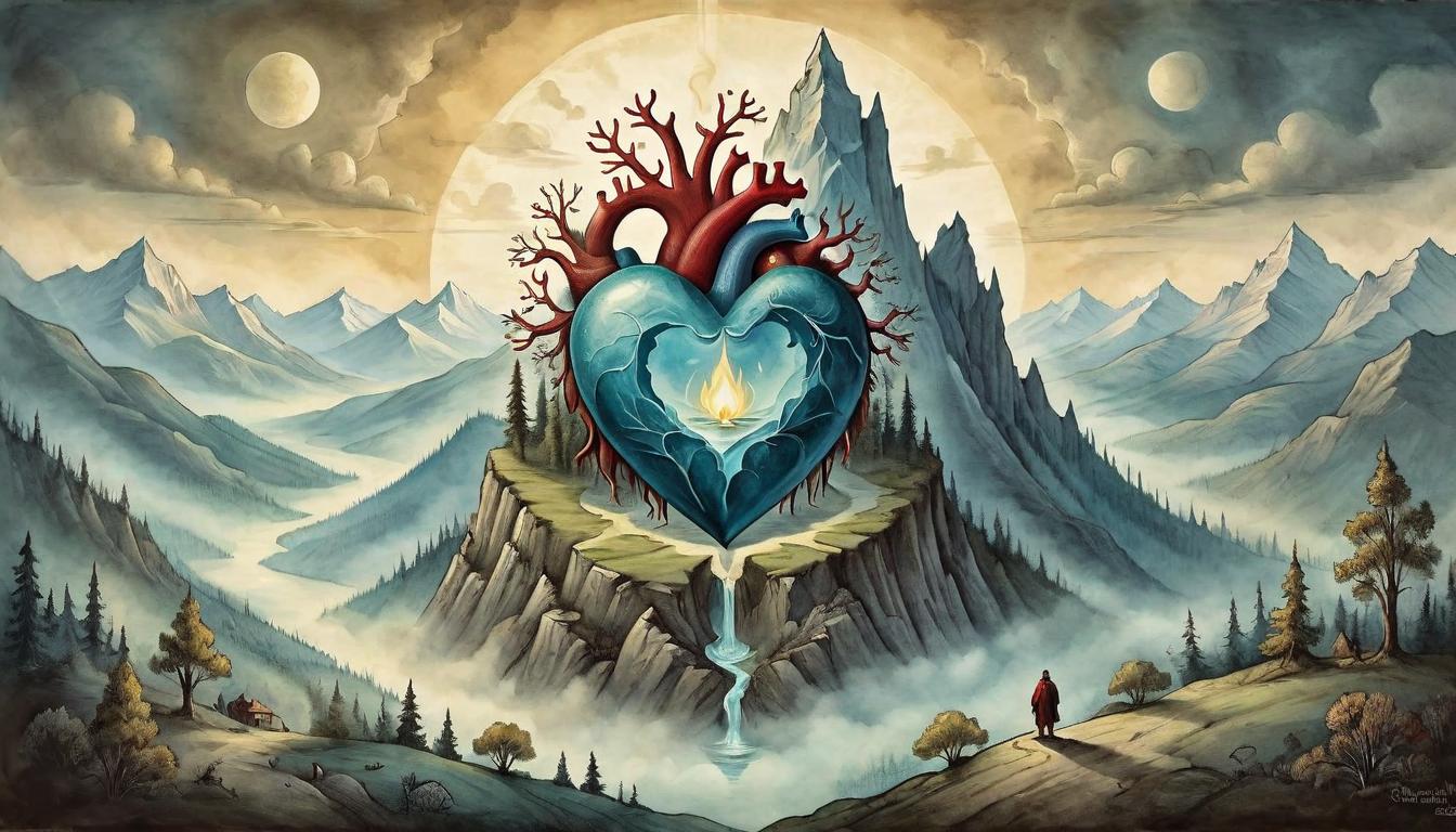  on parchment, surrealism+++, Human heart cradled in a landscape of mountains, symbolizing protection and reverence, surrounded by a glowing aura, Sacred space, courage at the core, Protective, serene, uplifting(mysterious, provocative, symbolic,muted color)+++