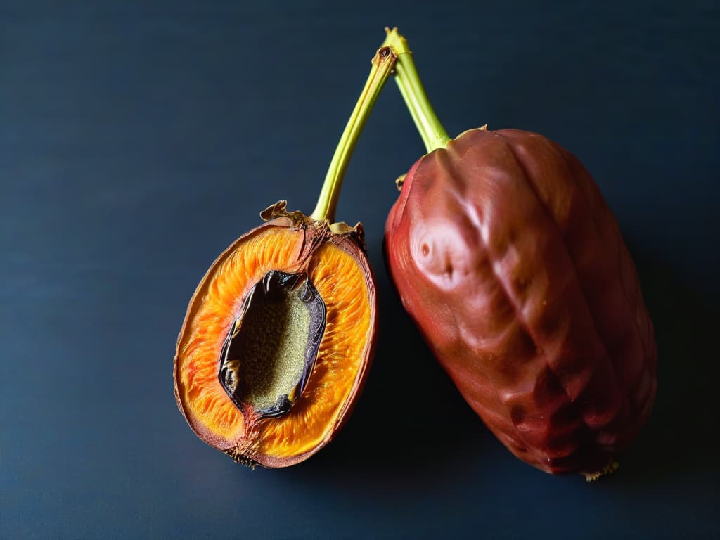  A closeup, ultradetailed image of a glossy, ripe tamarindo pod split open to reveal the sticky, dark brown pulp inside, contrasted against the light flesh of the fruit. The intricate textures of the pulp and seeds are prominently displayed, showcasing the natural beauty and exotic allure of the tamarindo fruit. hyperrealistic, full body, detailed clothing, highly detailed, cinematic lighting, stunningly beautiful, intricate, sharp focus, f/1. 8, 85mm, (centered image composition), (professionally color graded), ((bright soft diffused light)), volumetric fog, trending on instagram, trending on tumblr, HDR 4K, 8K