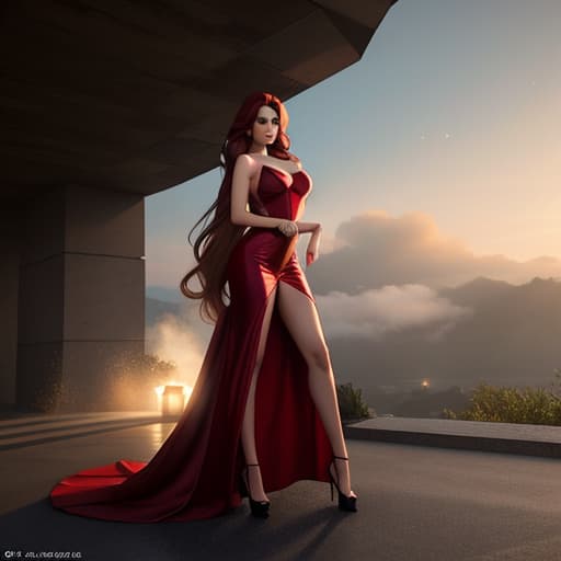  full body view, Jessica Rabbit beautiful charismatic ,athletic body, gorgeous figure, interesting shapes, full body shot, dark eye makeup, --ar 51:91, , front of hair hiding one side of face including eye from sight of view, half face visible due to hair blocking from viewable ability, full body, side face view, full body, , hyperrealistic, high quality, highly detailed, cinematic lighting, intricate, sharp focus, f/1. 8, 85mm, (centered image composition), (professionally color graded), ((bright soft diffused light)), volumetric fog, trending on instagram, HDR 4K, 8K