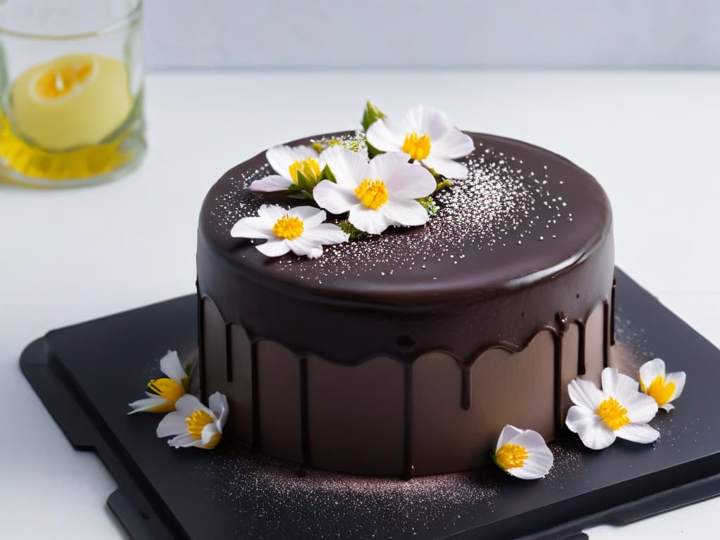  A minimalist image of a perfectly textured vegan chocolate cake, showcasing a flawless shiny ganache glaze, with a sprinkle of delicate edible flowers on top. The cake sits on a sleek, matte black plate against a clean white background, emphasizing the precise details of the dessert. hyperrealistic, full body, detailed clothing, highly detailed, cinematic lighting, stunningly beautiful, intricate, sharp focus, f/1. 8, 85mm, (centered image composition), (professionally color graded), ((bright soft diffused light)), volumetric fog, trending on instagram, trending on tumblr, HDR 4K, 8K