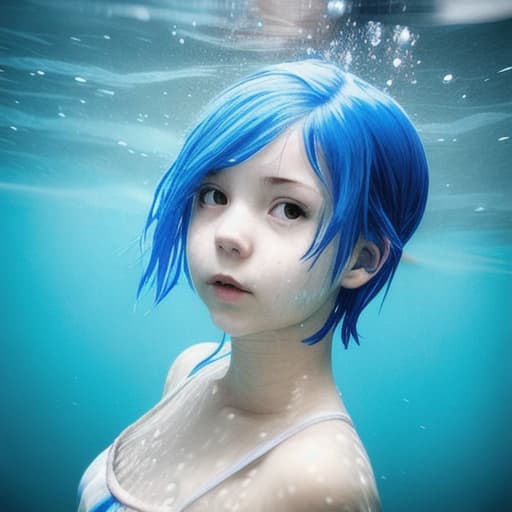  a girl under water with short blue hair