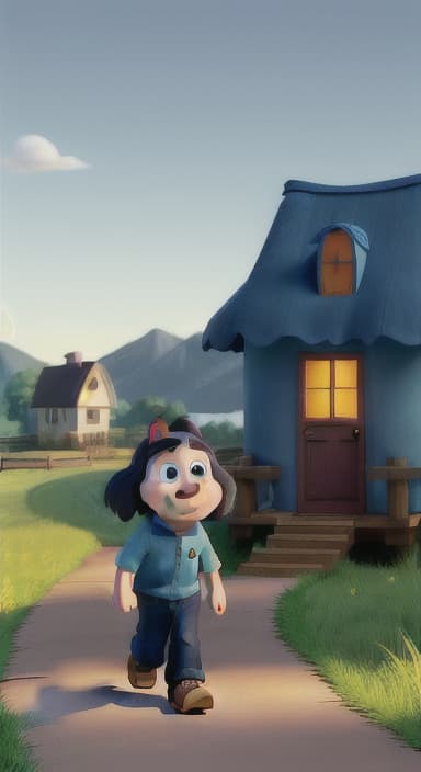  {Max walking back towards the cozy little house with droopy eyes, as twilight falls, The big blue dog is large with sky blue fur, big round eyes, a black nose, and floppy ears.