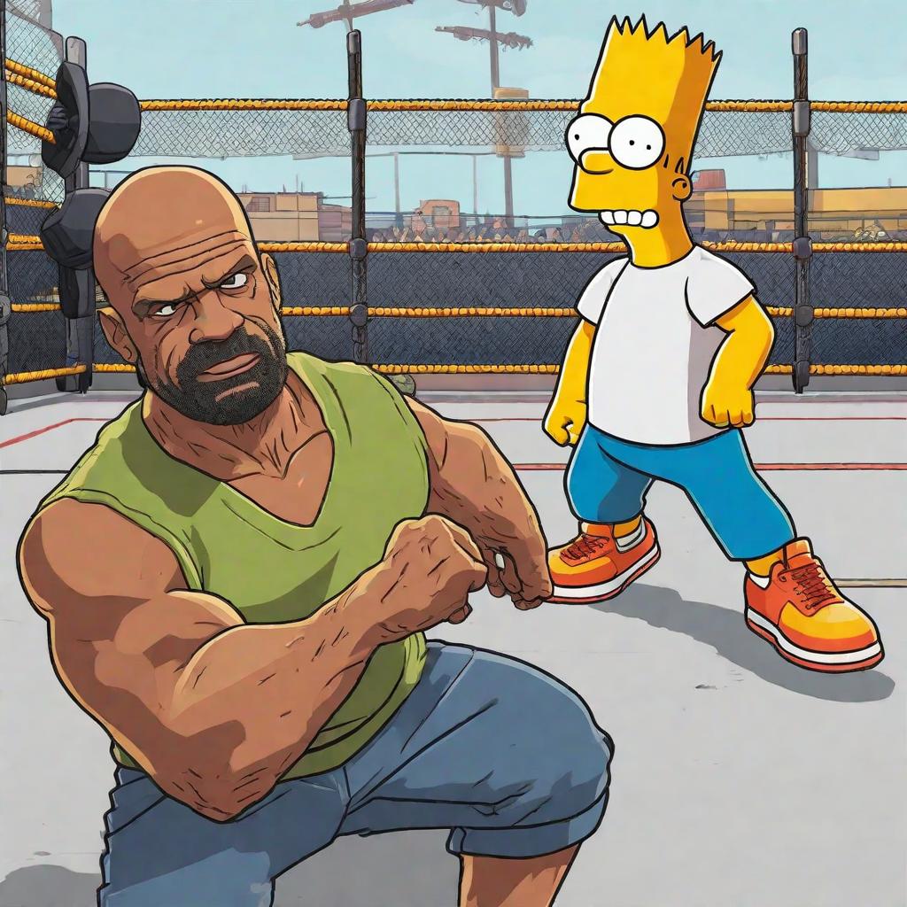  masterpiece, best quality, Best Quality, Masterpiece, 8k resolution,high resolution concept art of Bart Simpson in a wwe fight with Trevor Phillips out of GTA 5