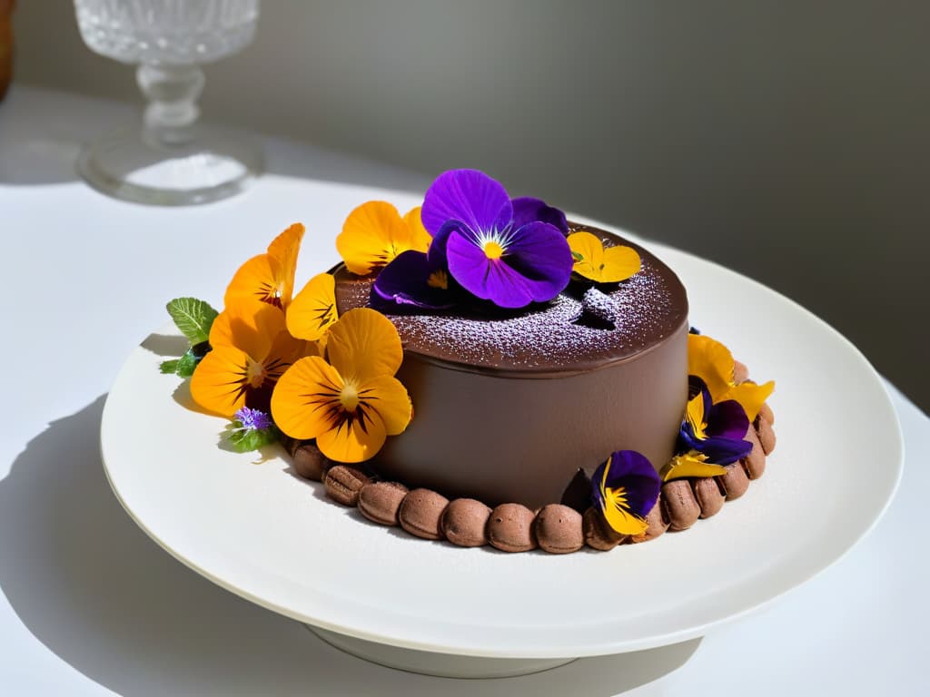  An elegant white plate with a decadent chocolate mousse topped with a delicate array of vibrant edible flowers such as pansies, violets, and nasturtiums. The rich, glossy texture of the mousse contrasts beautifully with the bright, fresh colors of the flowers, creating a visually stunning and sophisticated dessert presentation that embodies the essence of minimalistic chic. hyperrealistic, full body, detailed clothing, highly detailed, cinematic lighting, stunningly beautiful, intricate, sharp focus, f/1. 8, 85mm, (centered image composition), (professionally color graded), ((bright soft diffused light)), volumetric fog, trending on instagram, trending on tumblr, HDR 4K, 8K