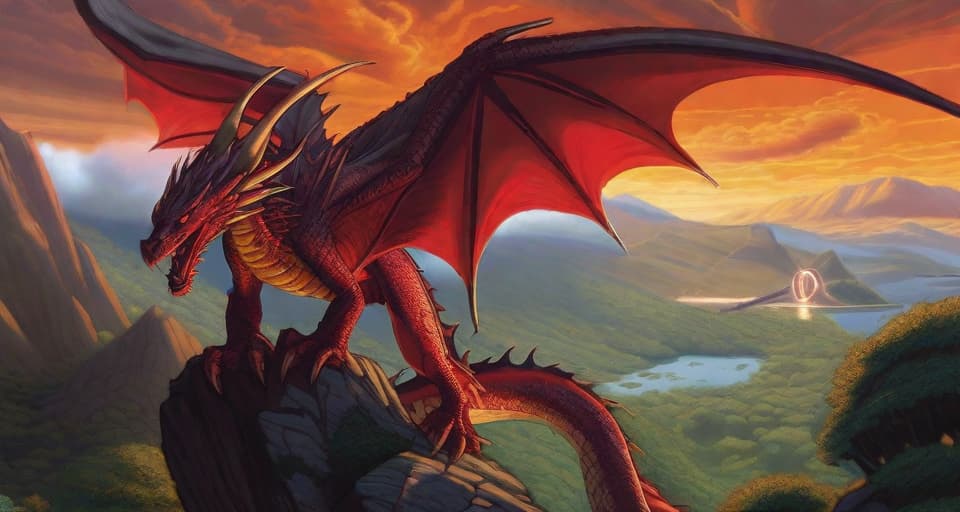  Imagine a stunning red and gold dragon soaring through the clouds, its massive wings beating the air with a powerful roar. Below, a sleeping village nestles in a secluded valley surrounded by lush greenery. The dragon's eyes are ablaze with intensity, searching for a worthy opponent to face in battle, while its fiery breath trails behind it like a crimson comet. The setting sun casts a warm glow over the scene, highlighting the intricate scales on its back and the fearsome spines along its neck. In the distance, dark storm clouds gather, promising a ferocious showdown between the dragon and the impendingstorm. The dragon's mighty presence is both awe inspiring and terrifying, as one can't help but marvel at its beauty and power.