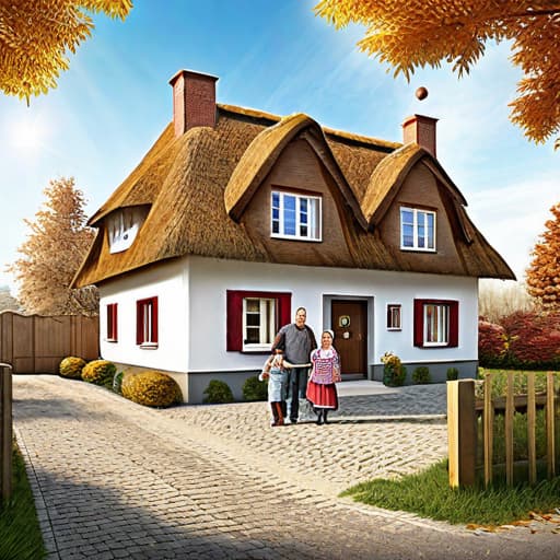  show a north german house with a thatched roof and a happy family in front of it receiving the key to their new home. use a foto realistic style.