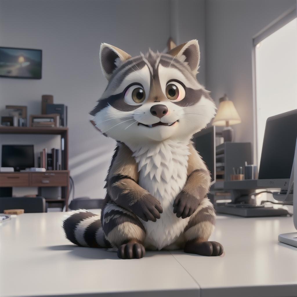  raccoon sitting in gaming chair front a computer on desktop, ((semi anthropomorphic)),(full body), tail, belly, sitting, fat, (chubby), (((white background))), solo, desktop, gaming chair, side view,  [[[clothes]]] hyperrealistic, full body, detailed clothing, highly detailed, cinematic lighting, stunningly beautiful, intricate, sharp focus, f/1. 8, 85mm, (centered image composition), (professionally color graded), ((bright soft diffused light)), volumetric fog, trending on instagram, trending on tumblr, HDR 4K, 8K