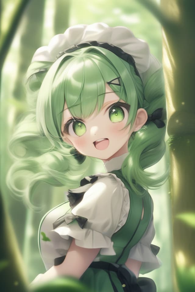  absurdres,highres,superlative,texture,contrast,top quality,(dark green thema),((forest,plant,tree)) BREAK (solo,,kawaii,very cute face),(green eyeshadow,looking up,head tilt,glamorous lip),((pastel green hair and eyes,blunt bangs,low twintails)),((maid,maid aplon,maid headdress,vest,age cutout,frilly )),(round eyewear,adjusting eyewear),(covering privates),