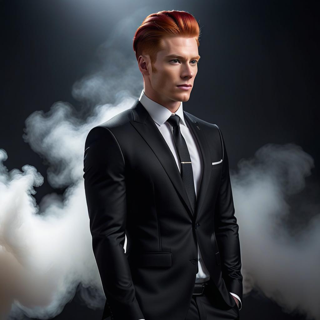  A young man with red hair in a ponytail and a black suit. hyperrealistic, full body, detailed clothing, highly detailed, cinematic lighting, stunningly beautiful, intricate, sharp focus, f/1. 8, 85mm, (centered image composition), (professionally color graded), ((bright soft diffused light)), volumetric fog, trending on instagram, trending on tumblr, HDR 4K, 8K