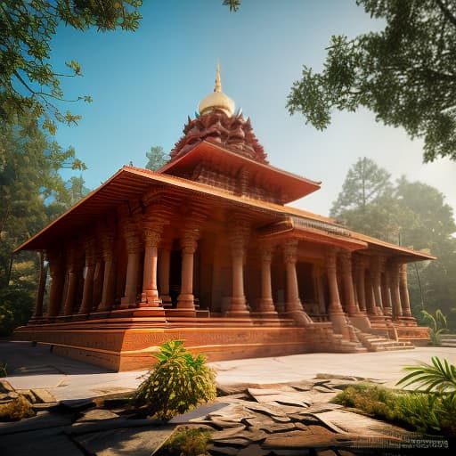 redshift style Indian style big temple hyperrealistic, full body, detailed clothing, highly detailed, cinematic lighting, stunningly beautiful, intricate, sharp focus, f/1. 8, 85mm, (centered image composition), (professionally color graded), ((bright soft diffused light)), volumetric fog, trending on instagram, trending on tumblr, HDR 4K, 8K