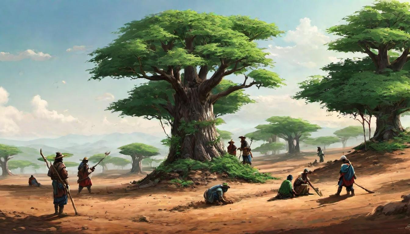  digital illustration, A group planting trees in a barren landscape, earth healing, collective effort, greater good, looking at viewer, dynamic pose, (intricate details, masterpiece, best quality)