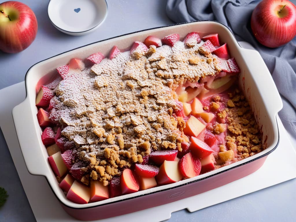  A closeup, ultradetailed image of a freshly baked apple and rhubarb crumble in a rustic ceramic baking dish. The crumble topping is golden brown and perfectly crispy, while the filling of stewed apples and vibrant pink rhubarb is bubbling around the edges. A light dusting of powdered sugar sits atop the crumble, with a sprig of fresh mint delicately placed on the side of the dish. The textures and colors of the dessert are incredibly vivid and inviting, showcasing the perfect balance of sweetness and tartness in this delectable treat. hyperrealistic, full body, detailed clothing, highly detailed, cinematic lighting, stunningly beautiful, intricate, sharp focus, f/1. 8, 85mm, (centered image composition), (professionally color graded), ((bright soft diffused light)), volumetric fog, trending on instagram, trending on tumblr, HDR 4K, 8K