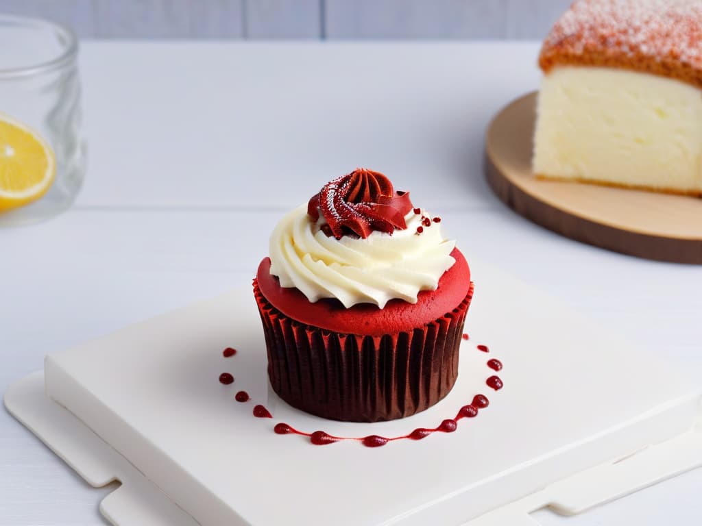  An ultradetailed image of a single perfect red velvet cupcake topped with a swirl of cream cheese frosting, garnished with a delicate sprinkle of red velvet crumbs, presented on a sleek, modern white plate against a soft, blurred background to emphasize the intricate details of the dessert. hyperrealistic, full body, detailed clothing, highly detailed, cinematic lighting, stunningly beautiful, intricate, sharp focus, f/1. 8, 85mm, (centered image composition), (professionally color graded), ((bright soft diffused light)), volumetric fog, trending on instagram, trending on tumblr, HDR 4K, 8K