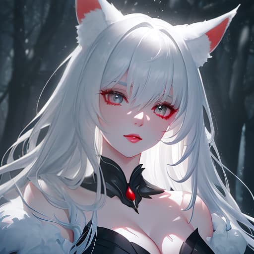  The beast is a girl with fox ears and snow white hair, her eyes are red in 8K resolution, (natural skin texture, hyperrealism, soft light, sharp:1.2) hyperrealistic, full body, detailed clothing, highly detailed, cinematic lighting, stunningly beautiful, intricate, sharp focus, f/1. 8, 85mm, (centered image composition), (professionally color graded), ((bright soft diffused light)), volumetric fog, trending on instagram, trending on tumblr, HDR 4K, 8K