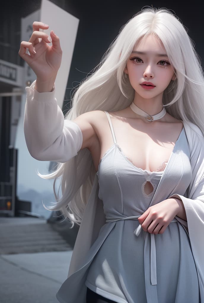  white hair, hair bobbles, wince, longeyelashes, solid circle eyes, light smile, stereogram, pov, atmospheric perspective, 8k, super detail, ccurate, best quality, super detail, high details, textured skin, confident, contradicting, two sides-one soul, darkness, alone, loneliness, two identities, sadness, self-confusion, cry, siren eyes, crying, walking, full body, emptiness, empty city, tears, tears fall, broken, zoom out, full body, good hands and fingers , ADVERTISING PHOTO,high quality, good proportion, masterpiece , The image is captured with an 8k camera