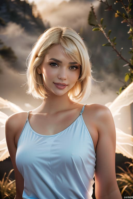  1girl,1girl,blonde short hair,straight hair,upper body shot,shirt,smile hyperrealistic, full body, detailed clothing, highly detailed, cinematic lighting, stunningly beautiful, intricate, sharp focus, f/1. 8, 85mm, (centered image composition), (professionally color graded), ((bright soft diffused light)), volumetric fog, trending on instagram, trending on tumblr, HDR 4K, 8K