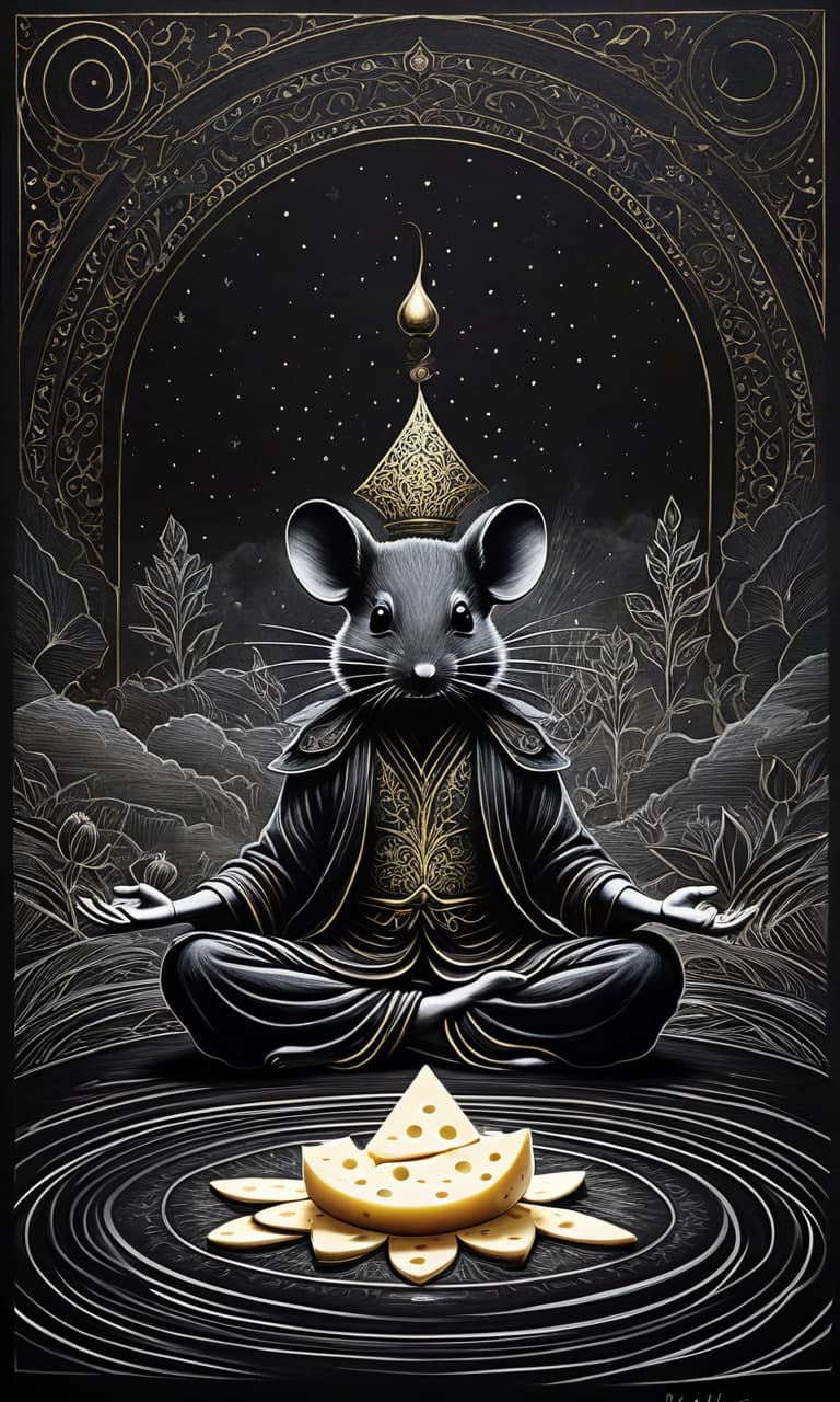  Distant plan. Charcoal (drawing: 1,3) on black tinted paper, pencil drawing. Dark black and white colour scheme with subtle gold patterns. Poster, medium, full size. Silhouette of a (drawn cartoon: 1,3) fairy tale, unreal beautiful mouse. In lotus pose meditating near a single large piece of (realistic) cheese. The background is black, dark, glossy. With bright golden particles, aura of magic, ornamentation. Stylistics plateresco, dark art. Art Nouveau aesthetics. In the manner of Roman Tyrtov, Alphonse Mucha, Dürer, William Blake. hyperrealistic, full body, detailed clothing, highly detailed, cinematic lighting, stunningly beautiful, intricate, sharp focus, f/1. 8, 85mm, (centered image composition), (professionally color graded), ((bright soft diffused light)), volumetric fog, trending on instagram, trending on tumblr, HDR 4K, 8K