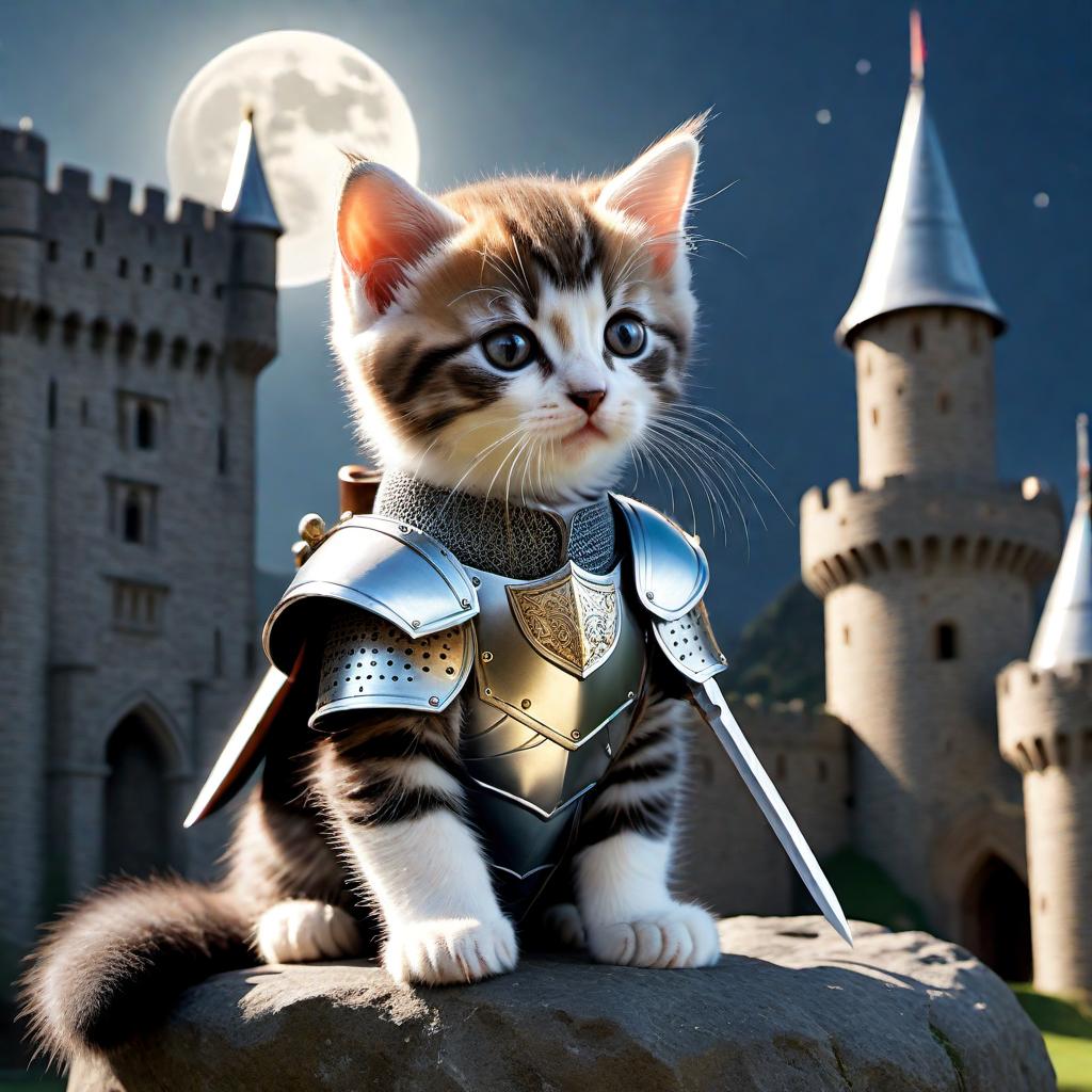  Create an image of a cute kitten dressed as a knight, wearing a shiny armor and a small helmet, holding a tiny sword in its paw. The background should depict a medieval castle with a full moon in the sky. hyperrealistic, full body, detailed clothing, highly detailed, cinematic lighting, stunningly beautiful, intricate, sharp focus, f/1. 8, 85mm, (centered image composition), (professionally color graded), ((bright soft diffused light)), volumetric fog, trending on instagram, trending on tumblr, HDR 4K, 8K