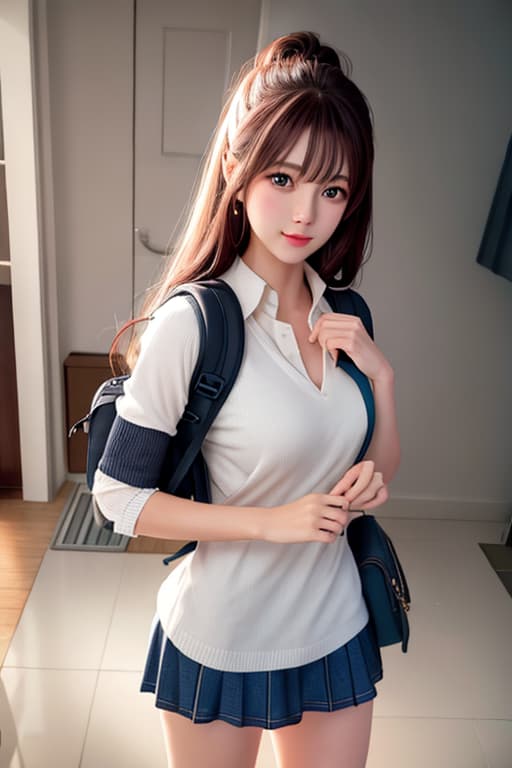  A cute girl carrying a school backpack hyperrealistic, full body, detailed clothing, highly detailed, cinematic lighting, stunningly beautiful, intricate, sharp focus, f/1. 8, 85mm, (centered image composition), (professionally color graded), ((bright soft diffused light)), volumetric fog, trending on instagram, trending on tumblr, HDR 4K, 8K