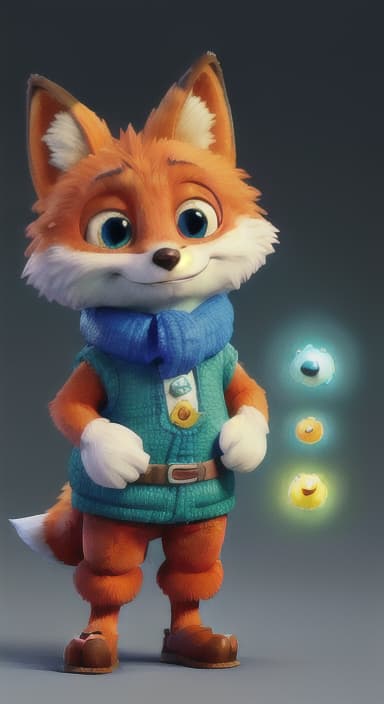  {Error the fox pressing the blue button with his paw, looking puzzled as nothing occurs., Error is a small, bright orange fox with a fluffy tail and big, inquisitive eyes. He has a mischievous yet kind expression and wears a tiny green scarf.