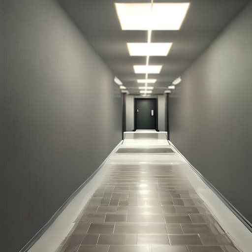  a endless hallway with Grey wall paper and dim lighting