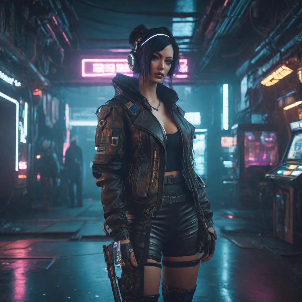  vintage videogame in cyberpunk style, cute, hyper detail, full HD hyperrealistic, full body, detailed clothing, highly detailed, cinematic lighting, stunningly beautiful, intricate, sharp focus, f/1. 8, 85mm, (centered image composition), (professionally color graded), ((bright soft diffused light)), volumetric fog, trending on instagram, trending on tumblr, HDR 4K, 8K