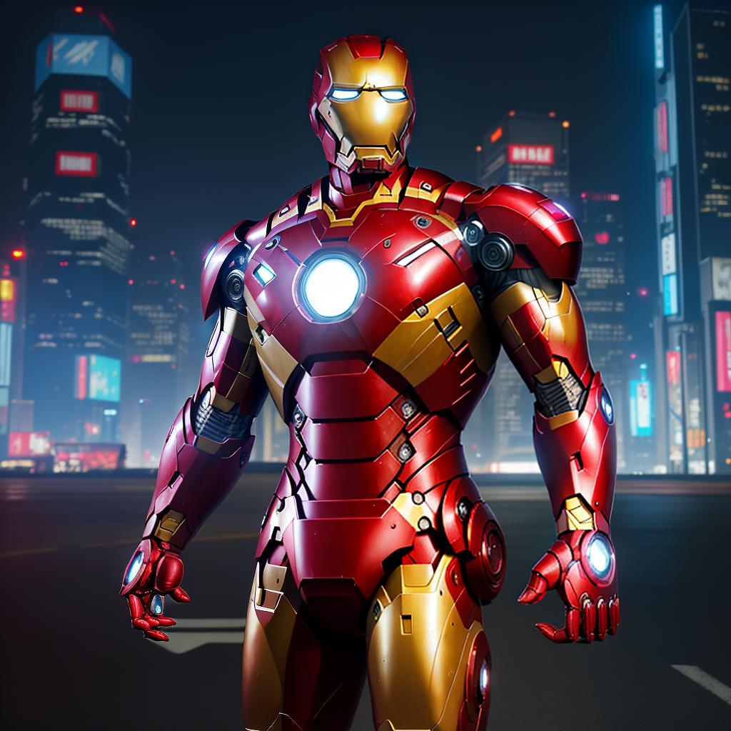  masterpiece, best quality, Best quality, masterpiece, 8k resolution, realistic, highly detailed, close up of Iron Man. In a cyberpunk style night scene of the city, he stands on a street lined with tall buildings. The city's night lights are bright, The surrounding buildings and streets are filled with cyberpunk elements such as neon lights, high tech devices, and futuristic architectural designs.