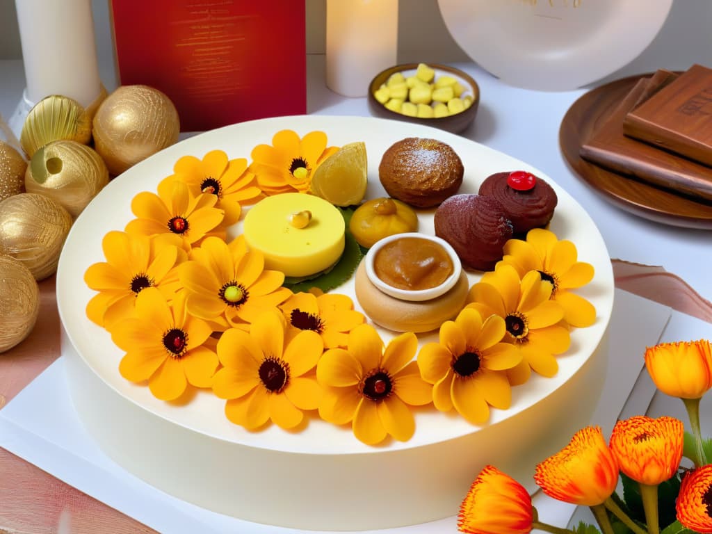  An ultradetailed image of a beautifully decorated Diwali sweet table, featuring an array of traditional Indian desserts such as gulab jamun, jalebi, barfi, and laddu. The table is adorned with vibrant marigold flowers and glowing diyas, capturing the essence of the Festival of Lights in a photorealistic style. The desserts are intricately detailed, showcasing the rich colors and textures of each sweet treat, enticing the viewer with their delicious allure. hyperrealistic, full body, detailed clothing, highly detailed, cinematic lighting, stunningly beautiful, intricate, sharp focus, f/1. 8, 85mm, (centered image composition), (professionally color graded), ((bright soft diffused light)), volumetric fog, trending on instagram, trending on tumblr, HDR 4K, 8K