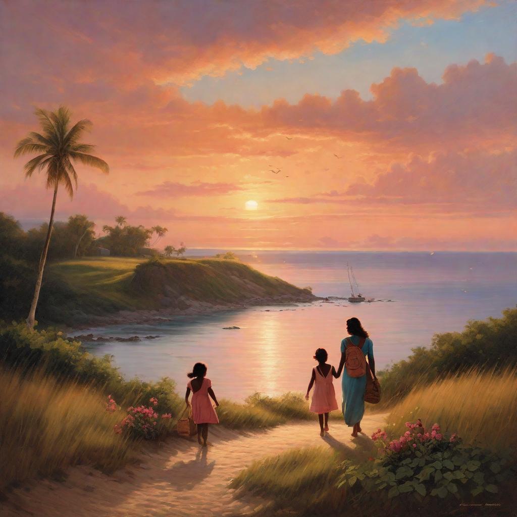  "An evocative scene capturing the moment a young child and their mother return home from their adventurous journey on an island. The atmosphere is serene and the setting is at sunset, symbolizing the conclusion of their trip. The evening sky is painted with blush-colored clouds as the sun dips towards the horizon, casting long, soft shadows on the surrounding landscape. The mother, wearing casual vacation attire, holds the child's hand as they walk a path leading to their quaint house nestled in the background. They both wear backpacks teeming with keepsakes from their trip, indicating their recent adventure. There's a feeling of warmth and rest, wrapped in golden hues and the comforting presence of the gentle twilight. The child looks up a hyperrealistic, full body, detailed clothing, highly detailed, cinematic lighting, stunningly beautiful, intricate, sharp focus, f/1. 8, 85mm, (centered image composition), (professionally color graded), ((bright soft diffused light)), volumetric fog, trending on instagram, trending on tumblr, HDR 4K, 8K