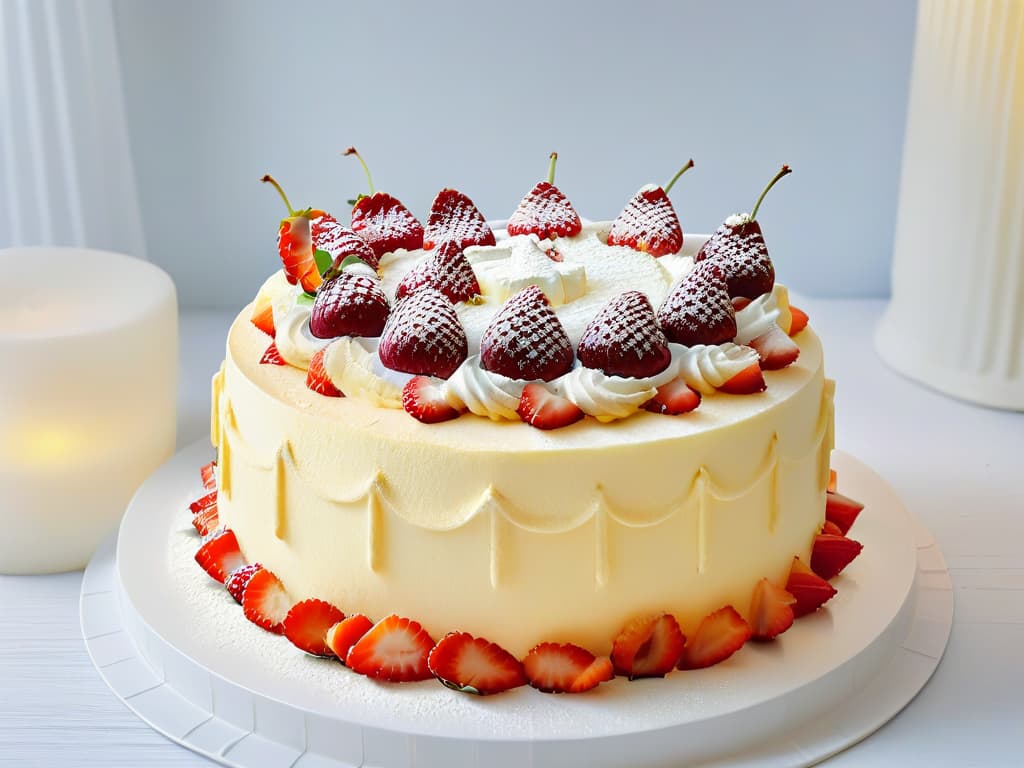  A closeup, photorealistic image of a freshly baked, moist vanilla sponge cake layered with fluffy cream and topped with luscious strawberries and a drizzle of glossy sugar syrup. The cake sits on a pristine white cake stand, surrounded by scattered sugar crystals, with soft natural light illuminating its tempting texture and vibrant colors. hyperrealistic, full body, detailed clothing, highly detailed, cinematic lighting, stunningly beautiful, intricate, sharp focus, f/1. 8, 85mm, (centered image composition), (professionally color graded), ((bright soft diffused light)), volumetric fog, trending on instagram, trending on tumblr, HDR 4K, 8K