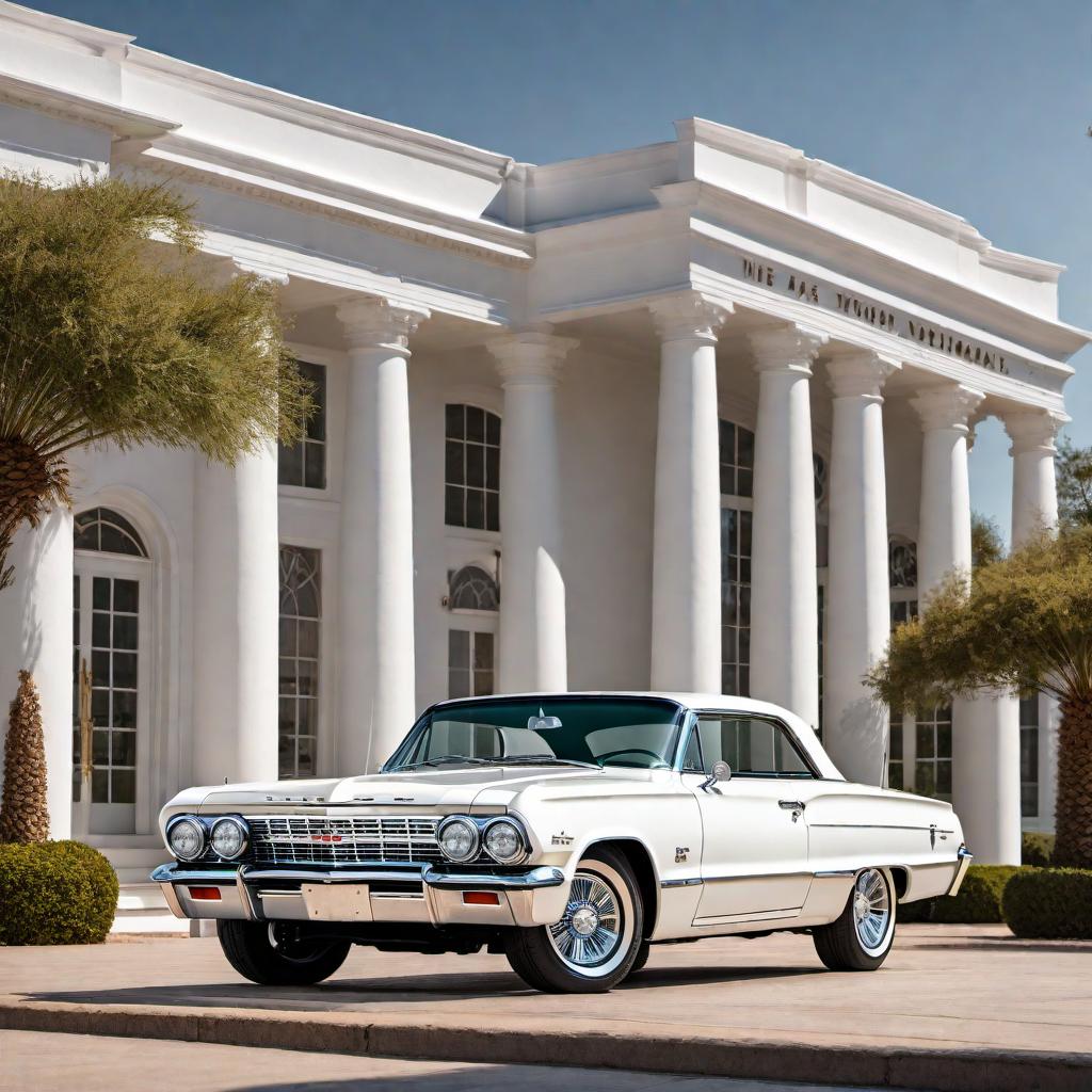  Generate an image of a 3D view inside a blank, all-white, high-class showroom featuring the original 1964 Impala. The Impala should be all black with gold Dayton rims, including a tiny white wall line on the tires. Additionally, all the chrome parts of the Impala should be shiny yellow gold. Capture the elegance and luxury of the classic 1964 Impala in this setting. hyperrealistic, full body, detailed clothing, highly detailed, cinematic lighting, stunningly beautiful, intricate, sharp focus, f/1. 8, 85mm, (centered image composition), (professionally color graded), ((bright soft diffused light)), volumetric fog, trending on instagram, trending on tumblr, HDR 4K, 8K