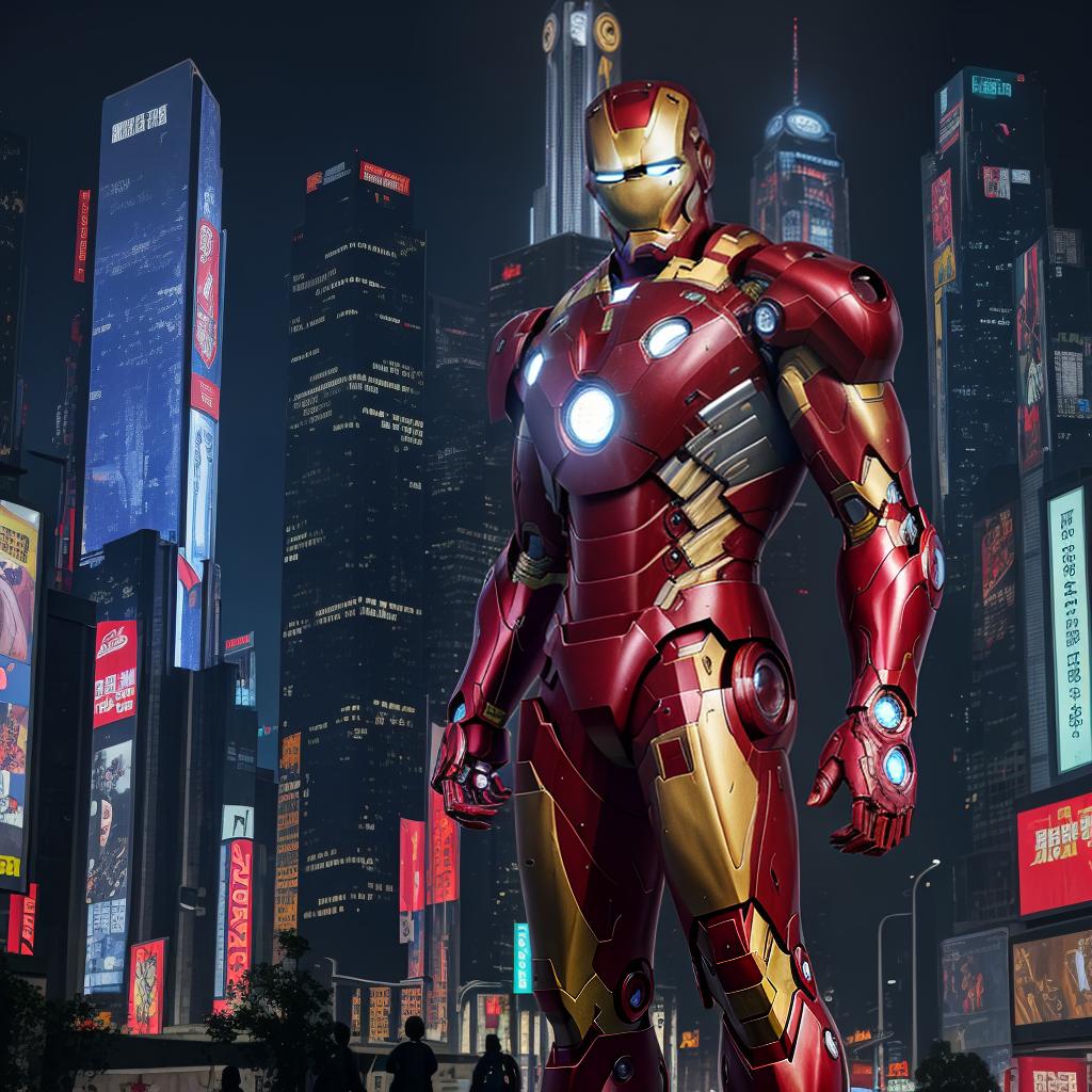  masterpiece, best quality, Best quality, masterpiece, 8k resolution, realistic, highly detailed, close up of Iron Man. In a cyberpunk-style night scene of the city, he stands on a street lined with tall buildings. The city's night lights are bright, The surrounding buildings and streets are filled with cyberpunk elements such as neon lights, high-tech devices, and futuristic architectural designs.