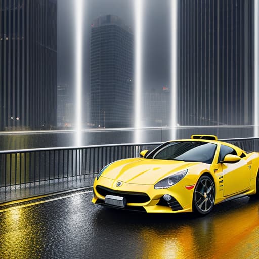  A shiny yellow sports car navigates a crowded urban bridge during rush hour traffic, raindrops creating a dazzling play of light on its polished surface. The atmosphere is chaotic, with swirling rain, wind, and blurred car lights. The style is photorealistic with a focus on capturing the dynamic, frenetic energy of the scene. Camera Canon EOS 5D Mark IV. Lens Canon EF 24-70mm f/2.8L II USM. --ar 169