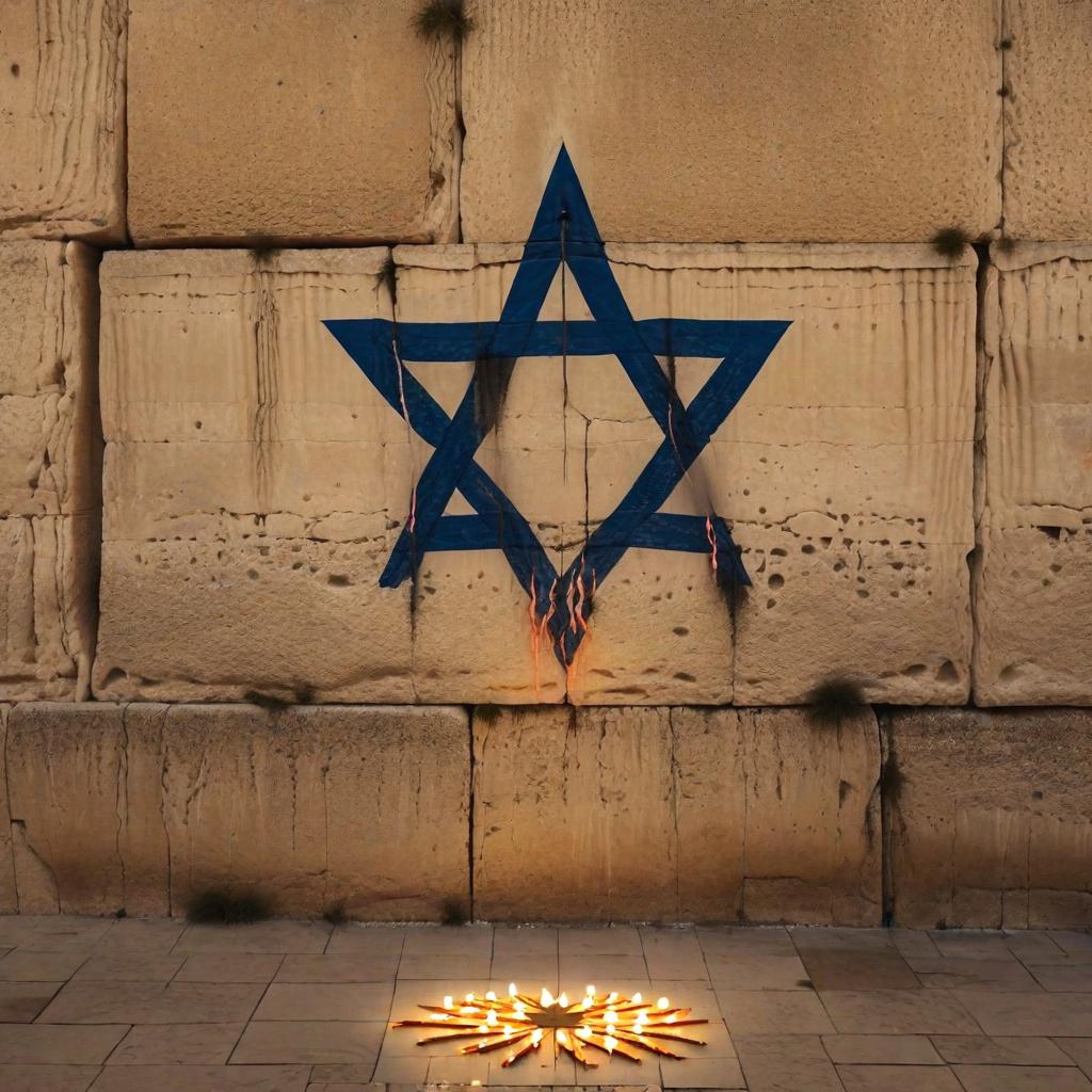  The Western Wall has the Israeli flag on the wall with the flag a bit burnt on the sides in a huge way. And on the plaza there are candles arranged in the shape of a Star of David