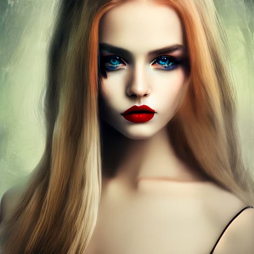 mdjrny-v4 style Gothic woman with long ginger hair brown eyes dark red lips, black clothes