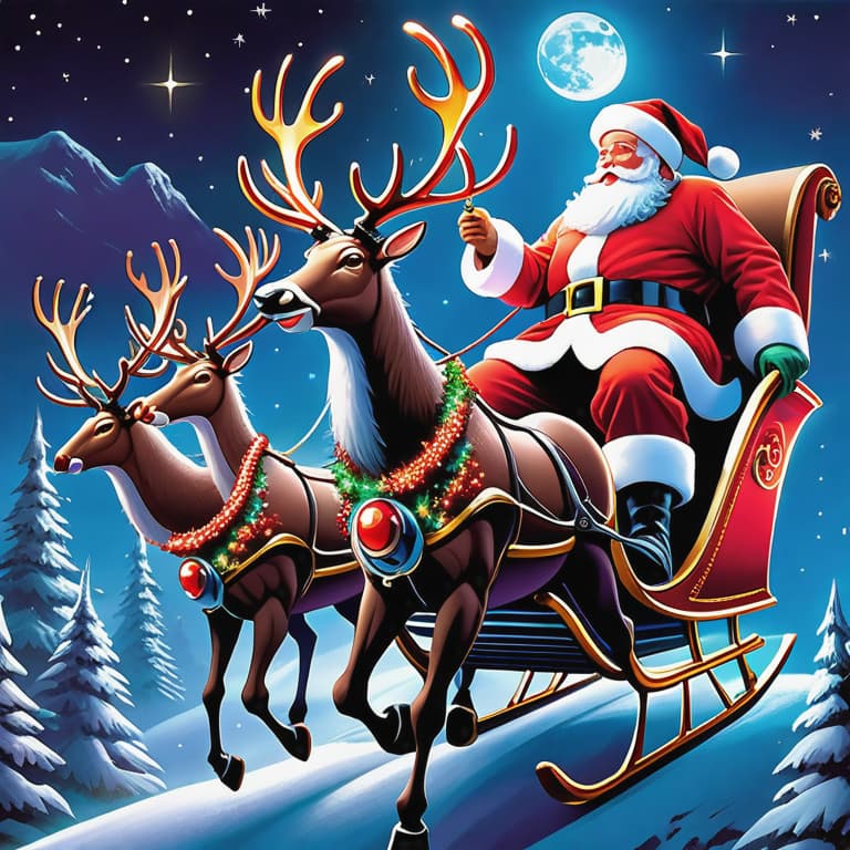  Santa Claus, the iconic symbol of Christmas, riding through the night sky on his sleigh, accompanied by his extraordinary fleet of cyborg reindeer. These magnificent creatures, part organic and part machine, have neon-lit antlers, giving off a vibrant glow that pierces through the darkness. With their metallic bodies and sleek designs, they seamlessly merge the world of technology and fantasy. Together, Santa and his futuristic companions deliver gifts with swiftness and precision, creating a scene that is both enchanting and awe-inspiring. hyperrealistic, full body, detailed clothing, highly detailed, cinematic lighting, stunningly beautiful, intricate, sharp focus, f/1. 8, 85mm, (centered image composition), (professionally color graded), ((bright soft diffused light)), volumetric fog, trending on instagram, trending on tumblr, HDR 4K, 8K