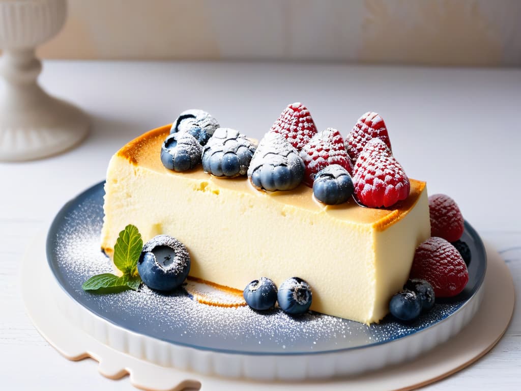  A closeup, ultradetailed image of a slice of lowcalorie cheesecake resting on a delicate, modern plate. The cheesecake is perfectly layered with a smooth, creamy texture and topped with a vibrant arrangement of fresh berries, mint leaves, and a light dusting of powdered sugar. The plate sits on a sleek, white marble countertop, emphasizing the elegant and minimalistic presentation of this guiltfree dessert. hyperrealistic, full body, detailed clothing, highly detailed, cinematic lighting, stunningly beautiful, intricate, sharp focus, f/1. 8, 85mm, (centered image composition), (professionally color graded), ((bright soft diffused light)), volumetric fog, trending on instagram, trending on tumblr, HDR 4K, 8K