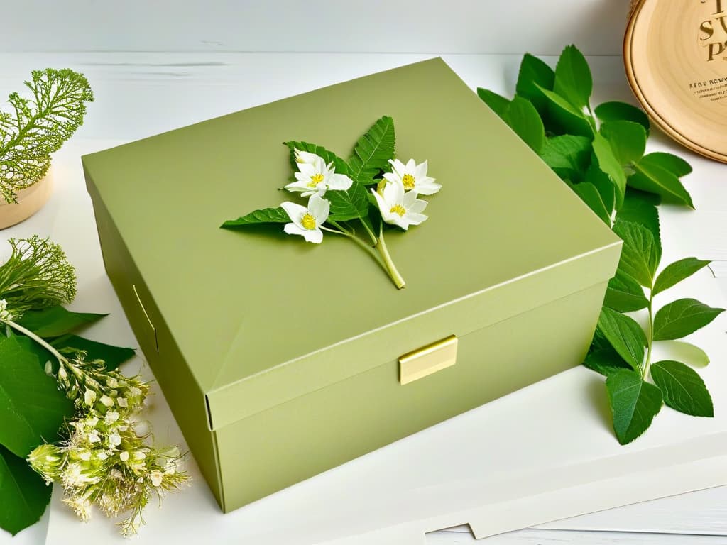  A minimalistic and elegant image of a beautifully crafted ecofriendly pastry box, adorned with subtle earthy tones and a simple, yet sophisticated design showcasing the harmony between sustainability and aesthetic appeal. The box is placed on a light wooden surface, surrounded by fresh green leaves and delicate wildflowers, evoking a sense of natural beauty and ecoconsciousness in the realm of pastry packaging. hyperrealistic, full body, detailed clothing, highly detailed, cinematic lighting, stunningly beautiful, intricate, sharp focus, f/1. 8, 85mm, (centered image composition), (professionally color graded), ((bright soft diffused light)), volumetric fog, trending on instagram, trending on tumblr, HDR 4K, 8K