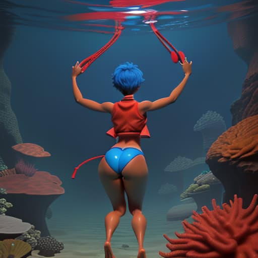  tanned woman with short hair in red vest and blue strings walking underwater her arms are reach up her giant booty and legs are very heavy view from the back