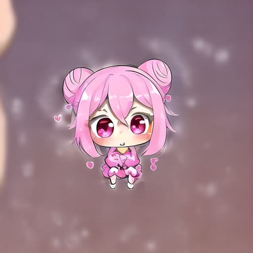  pink. furry. twin bun hair. girl. chibi. cute. kawaii. background cute cosmetics. blurred blush painting. cute dragon