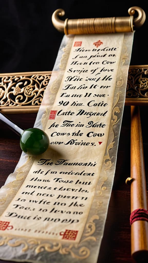  Elegant scroll, jade lute, cow in background, intricate, artistic, Stationary, clear script, Background showing lute, cow, On textured parchment, Timeless, Ink black, parchment beige, Still life, Balanced, soft lighting, focus on text, by Photographer Ruben Wu Style