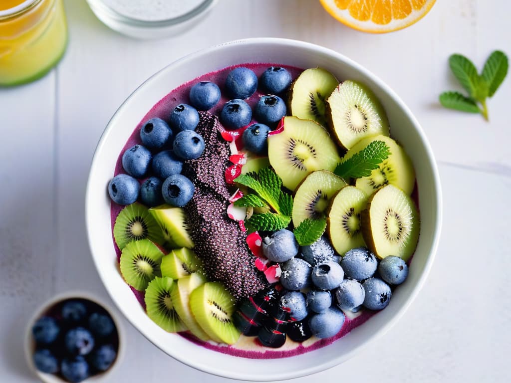  A closeup, ultradetailed image of a vibrant, colorful acai bowl topped with fresh blueberries, sliced kiwi, chia seeds, and coconut flakes, all arranged meticulously on a white marble background. The smoothie bowl is beautifully garnished with edible flowers, mint leaves, and a drizzle of honey, showcasing a perfect balance of textures and flavors that embody the essence of healthy and delicious detox desserts. hyperrealistic, full body, detailed clothing, highly detailed, cinematic lighting, stunningly beautiful, intricate, sharp focus, f/1. 8, 85mm, (centered image composition), (professionally color graded), ((bright soft diffused light)), volumetric fog, trending on instagram, trending on tumblr, HDR 4K, 8K